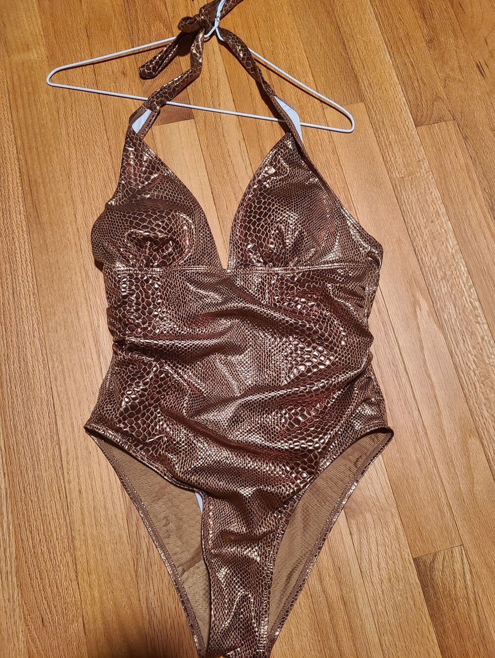 Metallic Bronze Snake-Texture One-Piece Swimsuit
